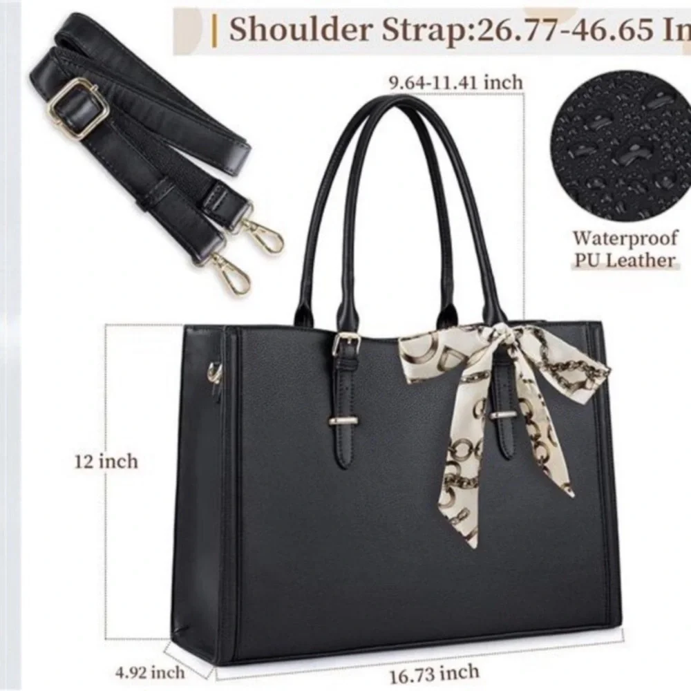 Laptop Bag for Women 15.6 inch Waterproof Laptop Tote Work Bag Leather Bag Black